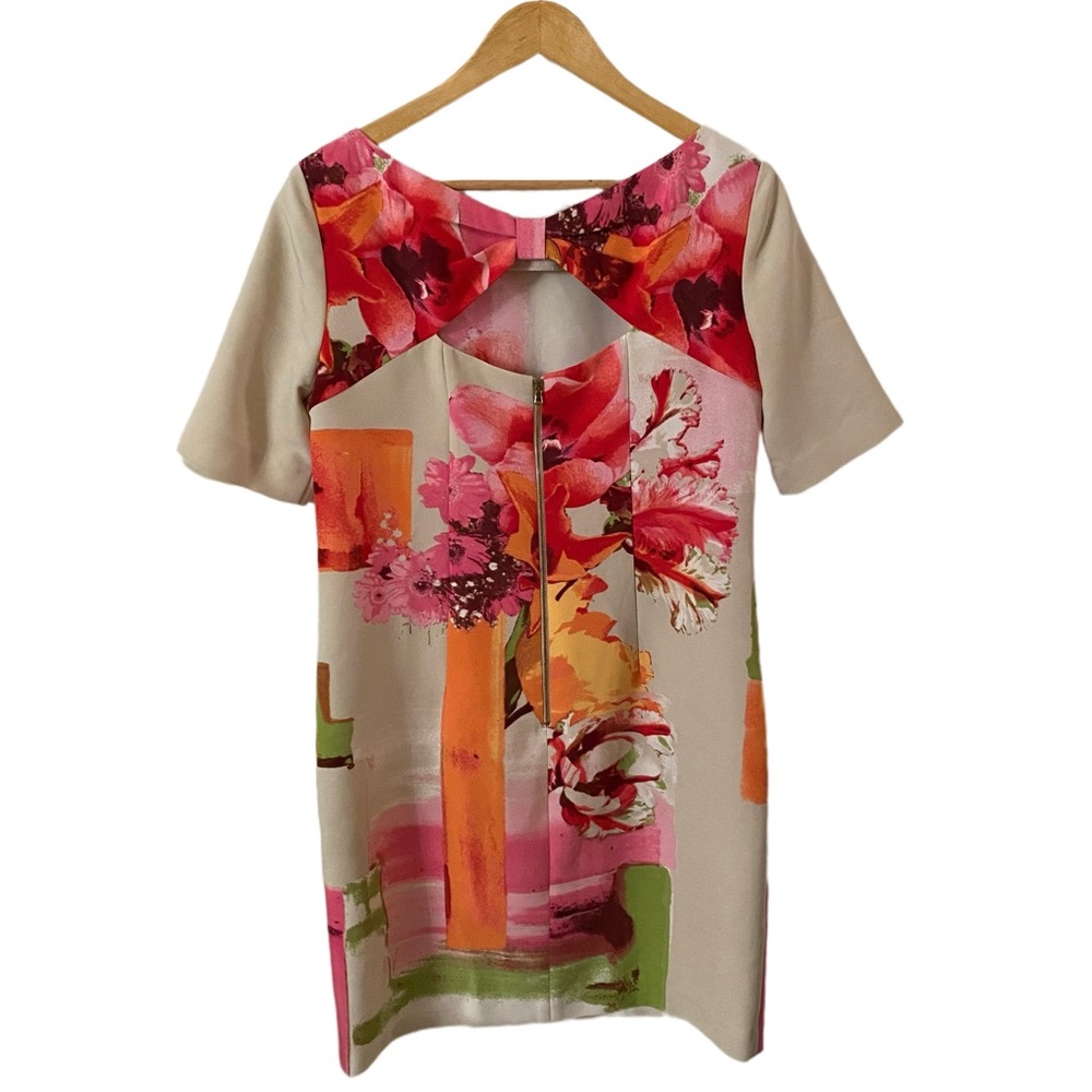 Gabby Skye Pink, Cream & Orange Abstract Floral Shift Sheath Dress with Pockets - Picture 3 of 14